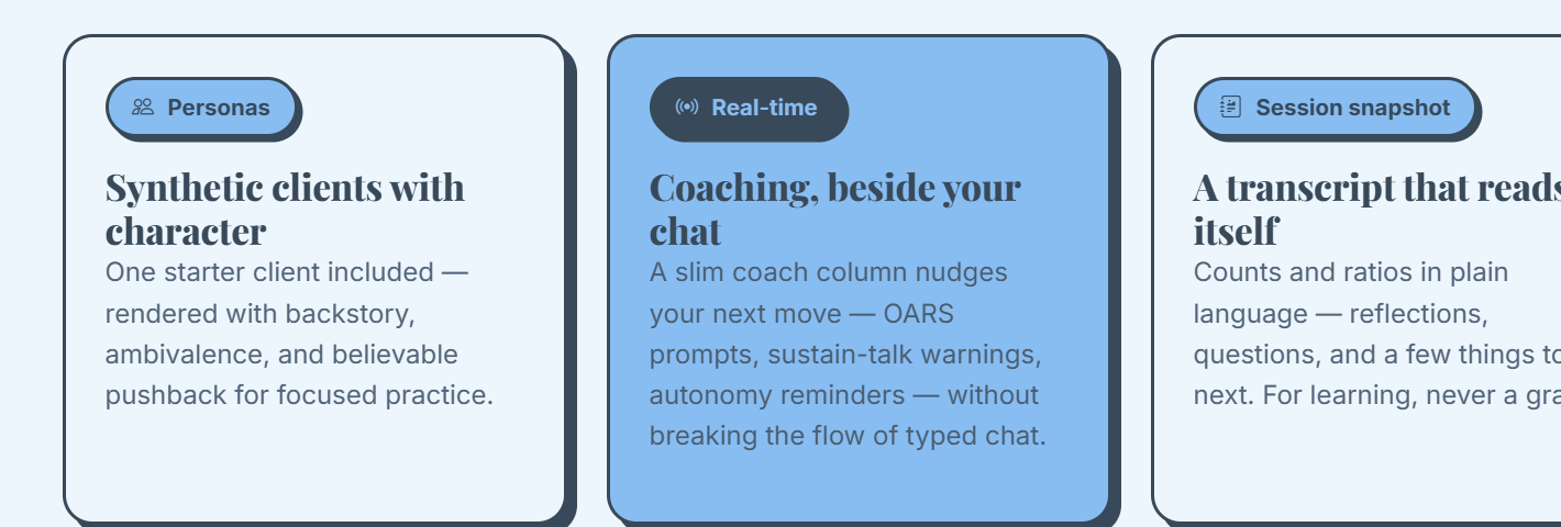 MotLab practice features: personas, live coaching, and session snapshots
