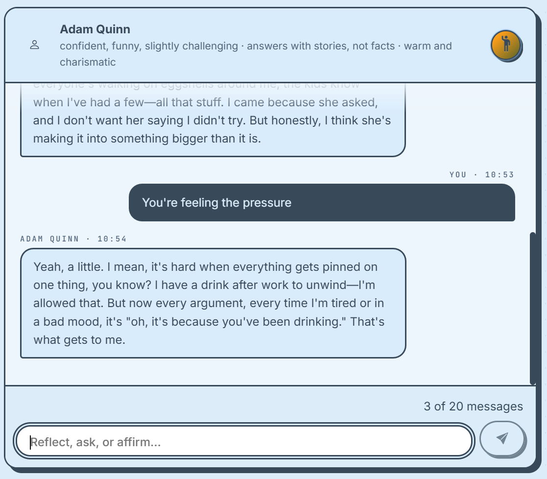 MotLab practice chat with persona Adam Quinn